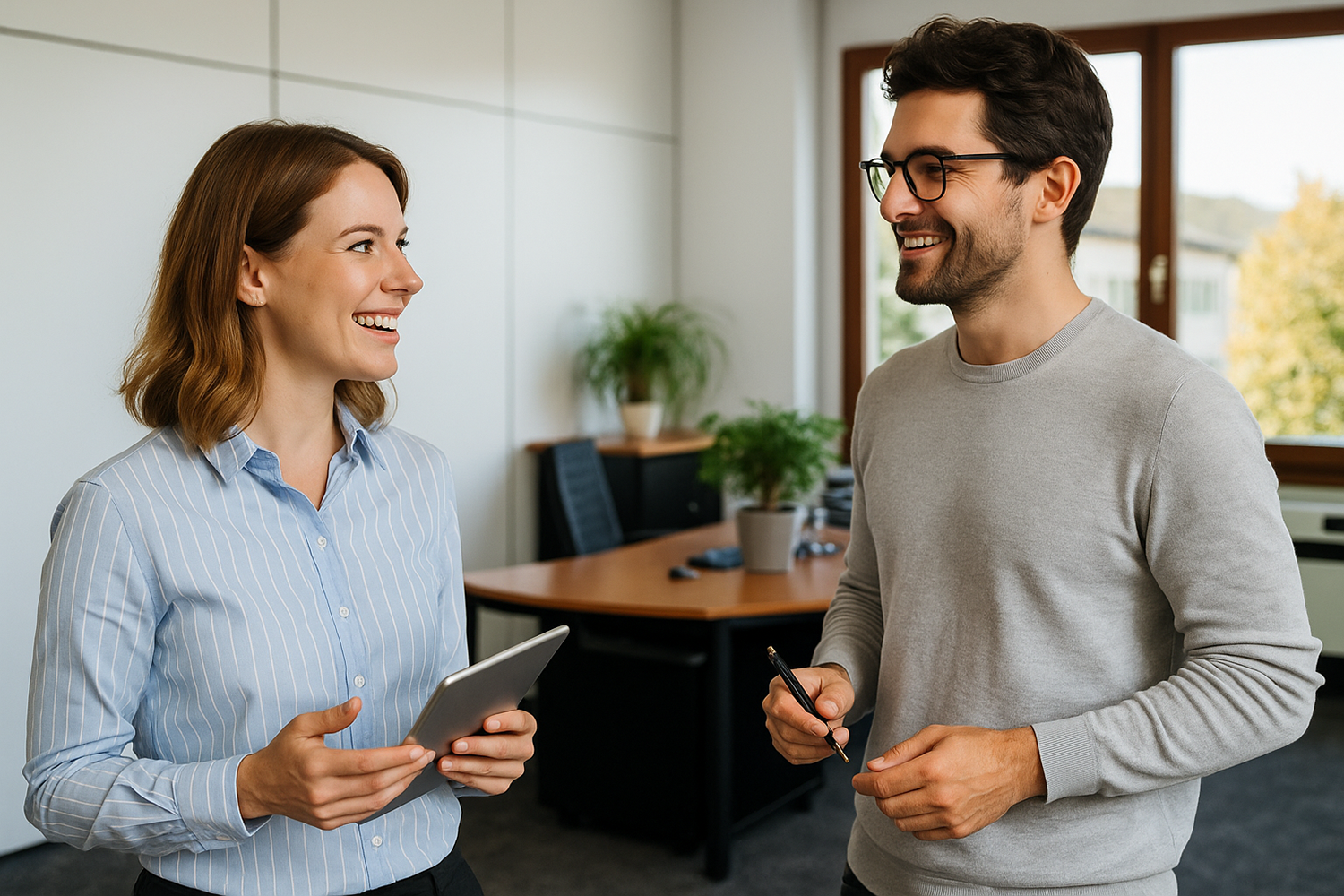Eine Frau und ein Mann unterhalten sich im Büro